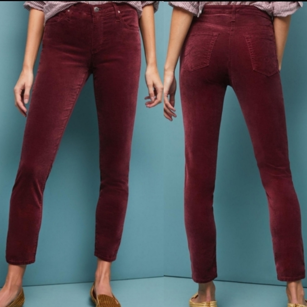 Anthropologie x AG The Stevie Mid-Rise Velvet Skinny Ankle Jeans in Ruby Size 25